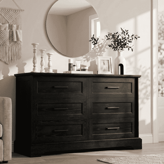 Homall Wooden 6 Drawer Dresser for Bedroom, Modern Chest of Drawers, Storage Cabinet Organizer with Metal Handles for Bedroom, Living Room and Closet, Black
