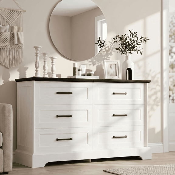 Homall Wooden 6 Drawer Dresser for Bedroom, Modern Chest of Drawers, Storage Cabinet Organizer with Metal Handles for Bedroom, Living Room and Closet, White and Black Top