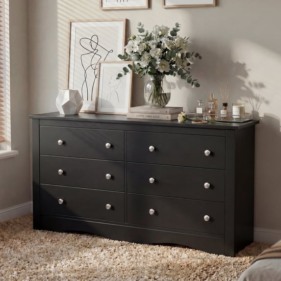 Homall 52'' Wide 6 Drawer Dresser for Bedroom, Modern Wood Chest of Drawers with Smooth-gliding Drawers, Storage Organizer for Bedroom Living Room, Black