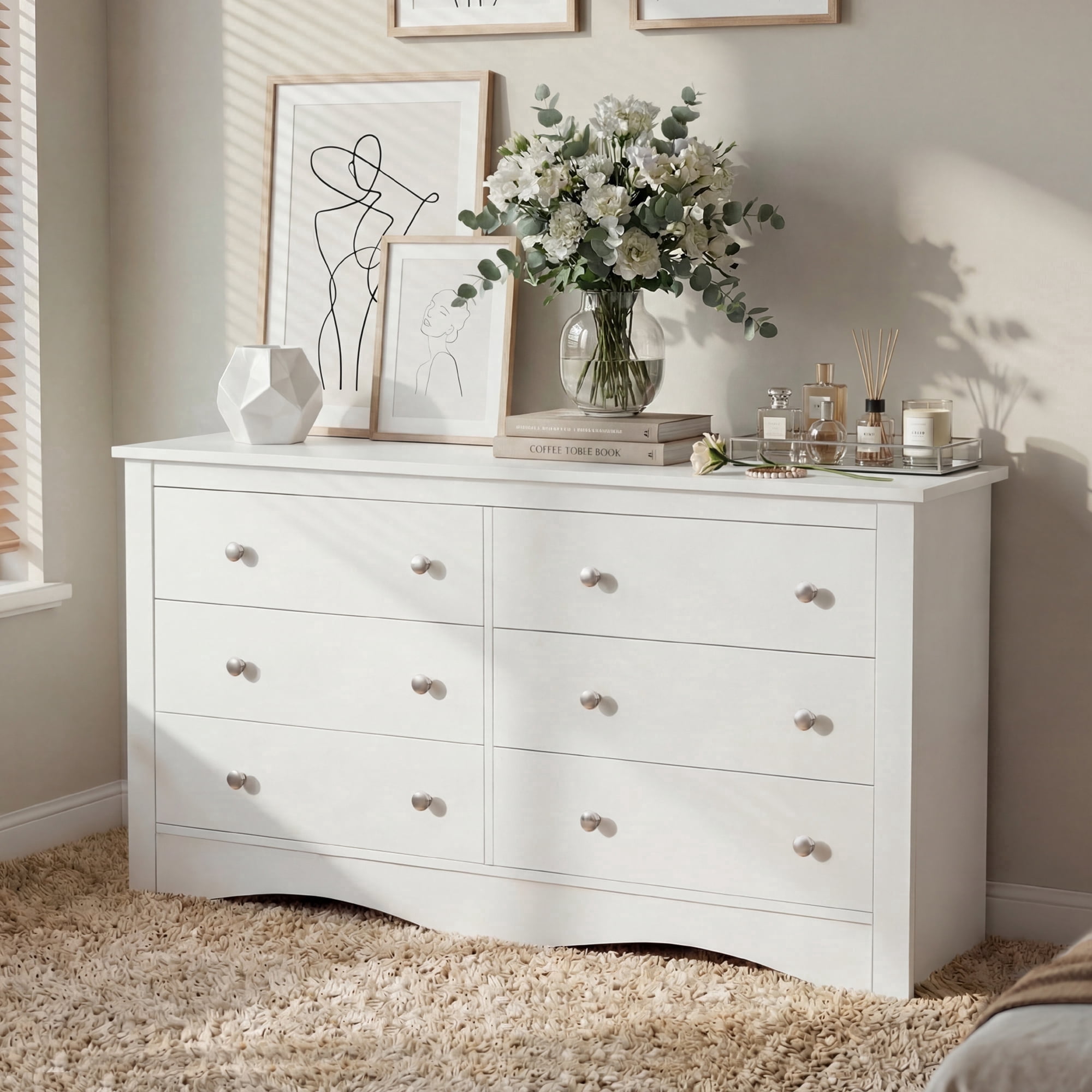 Homall 6 Drawer Dresser for Bedroom, Wood Double Chest of Drawers with Metal Handles, Wide Storage Cabinet Organizer for Living Room, White