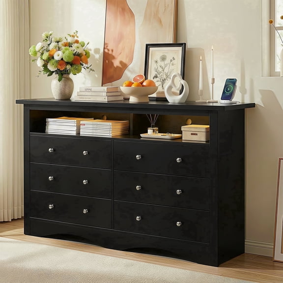 Homall 6 Drawer Double Dresser with Charging Station, Modern Chest of Drawers with LED Light, Storage Dresser Chest for Bedroom Living Room, Black(2pcs)