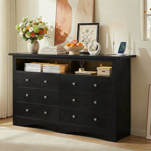 Homall 6 Drawer Double Dresser with Charging Station, Modern Chest of Drawers with LED Light, Storage Dresser Chest for Bedroom Living Room, Black(2pcs)