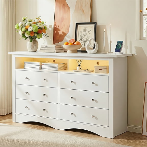 Homall 6 Drawer Double Dresser with Charging Station, Modern Chest of Drawers with LED Light, Storage Dresser Chest for Bedroom Living Room, White