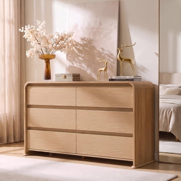Homall 6 Drawer Dresser for Bedroom, Modern Dresser Chest of Drawers with Rounded Corners & Handleless Design, Wide Wood Storage Dresser Organizer for Bedroom, Living Room, Natural