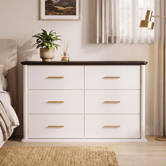 Homall 6 Drawer Dresser with Large Storage, Wide Chest with Metal Handles for Bedroom, Nursery, White