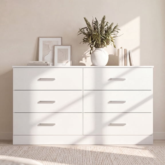 Homall 6 Drawer White Double Dresser, Wood Chest of Drawers with Metal Handles for Clothes Storage, Storage Cabinet for Living Room, Closet and Bedroom, White