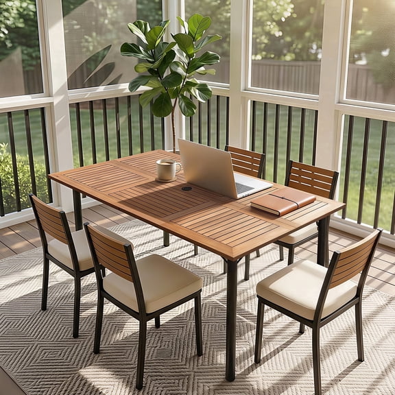 Homall 6-Person Acacia Wood Outdoor Table with Umbrella Hole, Rectangle Metal Patio Table for Indoor & Outdoor Dining
