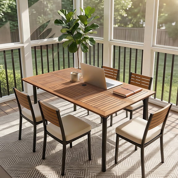 Homall 6-Person Acacia Wood Outdoor Table with Umbrella Hole, Rectangle Metal Patio Table for Indoor & Outdoor Dining