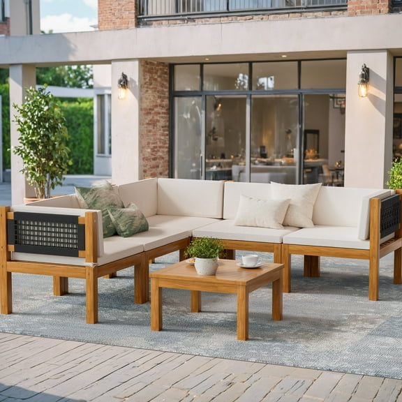 Homall 6 Pieces Acacia Patio Conversation Set Wood Sectional Set Outdoor Furniture Set with Cushions, White