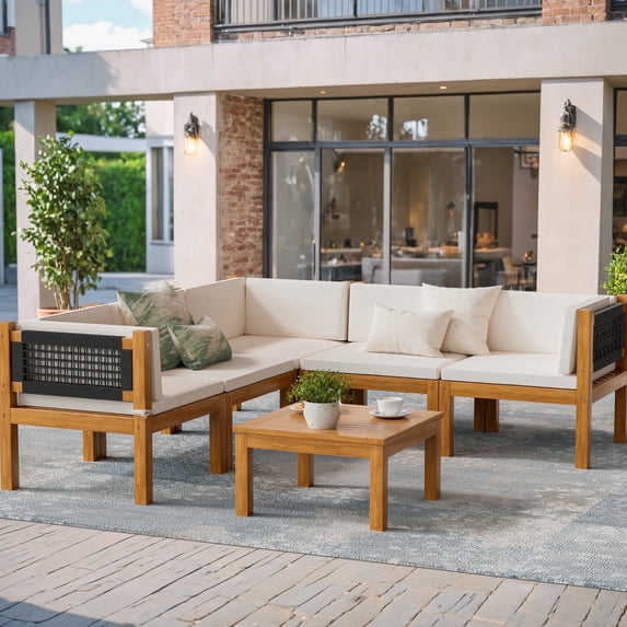 Homall 6 Pieces Acacia Patio Conversation Set Wood Sectional Set Outdoor Furniture Set with Cushions, White