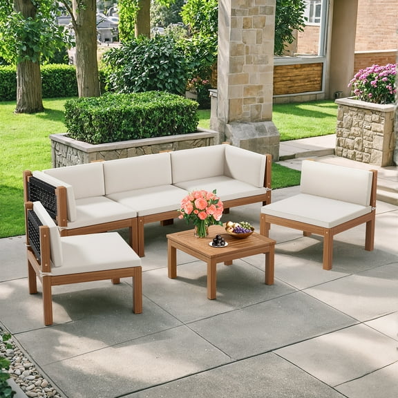 Homall 6 Pieces Patio Conversation Set Acacia Wood Outdoor Furniture Set, White