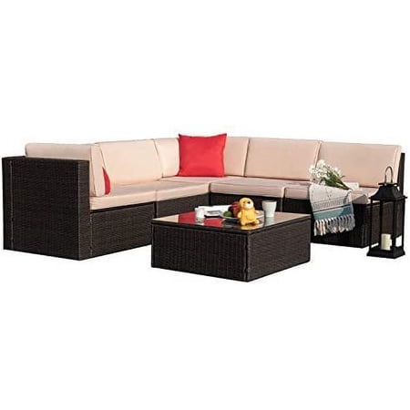 Homall 6 Pieces Patio Rattan Furniture Set Outdoor Sectional Sofa Wicker Conversation with Cushions,Glass Table