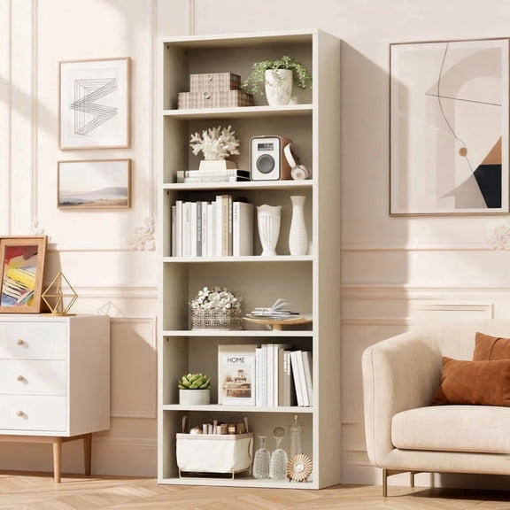 Homall 6-Shelf Standing Bookcase, Sturdy Storage for Home Office, Living Room,Beige