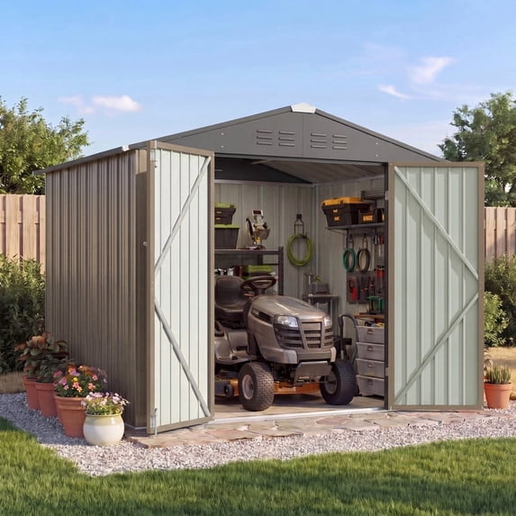 Homall 6 x 4 ft Outdoor Metal Storage Shed, Garden Tool Shed with Floor Frame & Lockable Double Doors for Backyard, Patio, Lawn, Brown