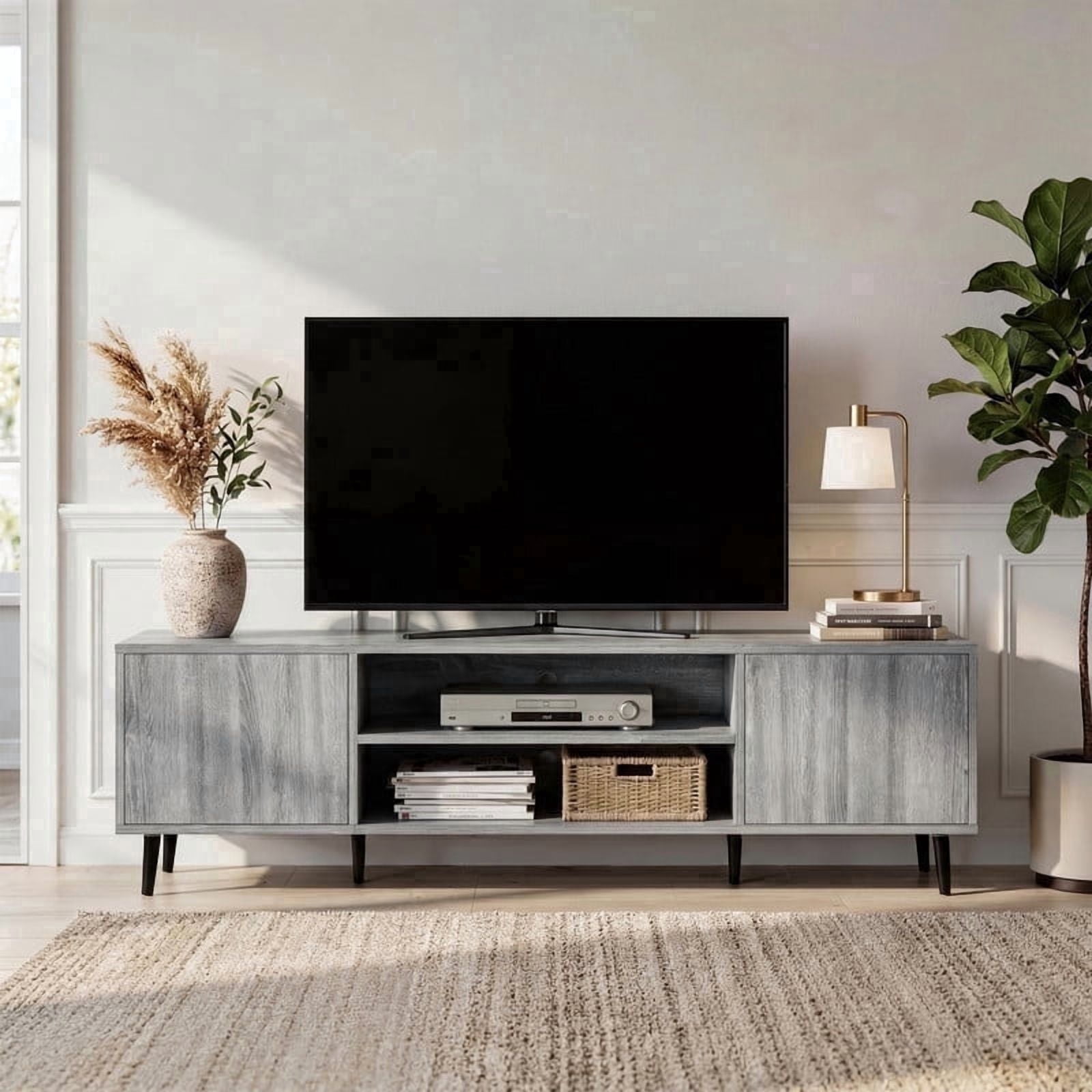 Homall 63'' Mid-Century Modern TV Stand for TVs up to 70 Inches, Wood Entertainment Center with Storage Cabinets & Open Shelves, TV Console Table for Living Room, Gray