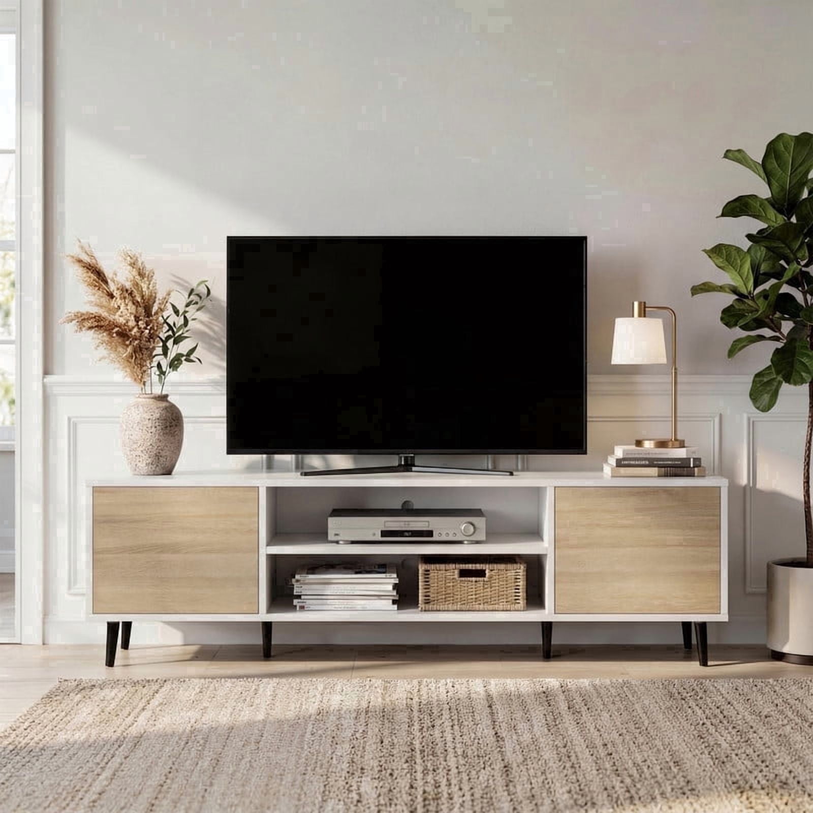 Homall 63'' Mid-Century Modern TV Stand for TVs up to 70 Inches, Wood Entertainment Center with Storage Cabinets & Open Shelves, TV Console Table for Living Room,White
