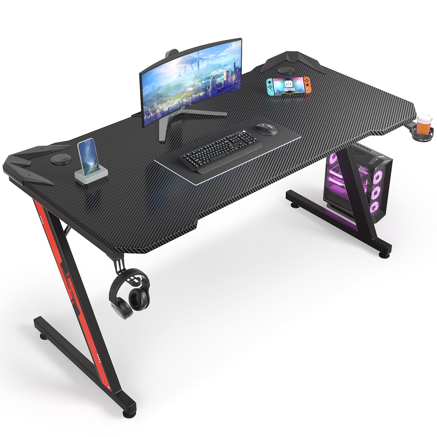 Homcom Gaming Computer Desk, Home Office Gamer Table Workstation With Cup  Holder, Headphone Hook, Cable Management, Carbon Fiber Surface : Target