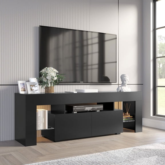 Homall 63'' TV Stand for TVs up to 70'', TV Stand with Remote LED Lights, Black Modern Entertainment Center with Soft-Close Drawers & Adjustable Shelves for Living Room, Black