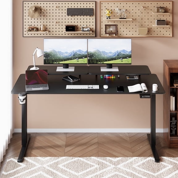 Homall 63" Wide Electric Height Adjustable Standing Desk with Monitor Stand Lifting Range 28~46" Stand Up Office Desk for Home Office,Black