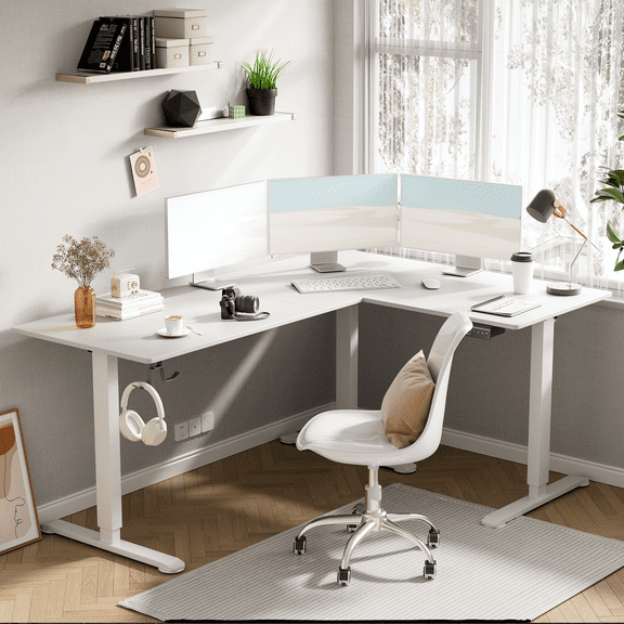 Homall 63in Wide L-shaped Electric Sit-Stand Desk Lifting Range 28~46in Height Gear Memory Ergonomics Standing Desk Height Adjustable Computer Desk, White