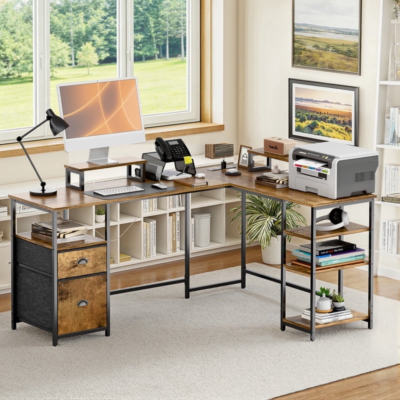 Homall 65.4" L-Shaped Desk with Power Outlets & USB, Corner Desk with 2 Drawers and 2 Monitor Stand, Brown