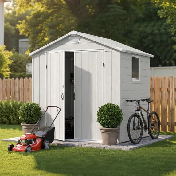 Homall 6 ft x 4 ft outdoor plastic storage shed with window, light gray wood-effect garden tool house