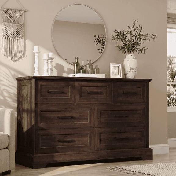 Homall Wooden 7 Drawer Dresser for Bedroom, Modern Chest of Drawers, Storage Cabinet Organizer with Metal Handles for Bedroom, Living Room and Closet, Brown