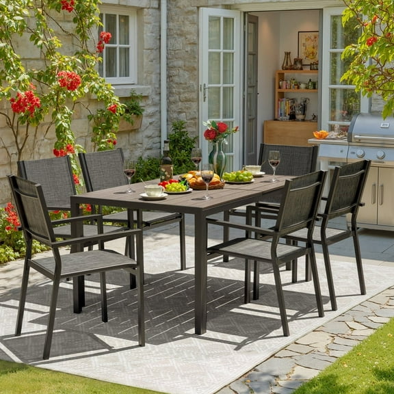 Homall 7-Piece Outdoor Dining Set, 6 Textilene fabric Patio Armchairs & Rectangular Dining Table with Metal Frame, Gray