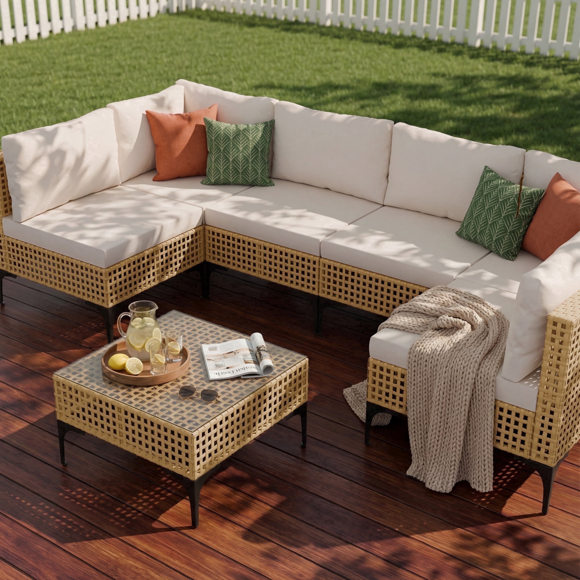 Homall 7 Pieces Patio Furniture Conversation Set Outdoor Wicker Premium PE Rattan Sofa with Tempered Glass Coffee Table All-Weather for Garden Poolside Porch,Beige