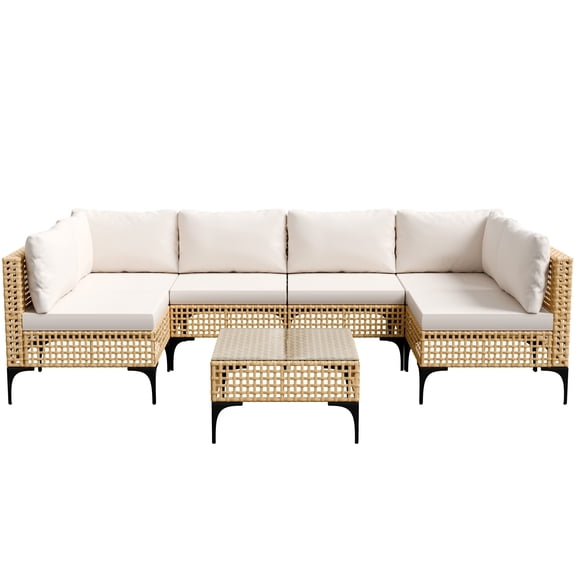 Homall 7 Pieces Outdoor Wicker Patio Furniture Conversation Set  Premium PE Rattan Sofa with Tempered Glass Coffee Table, All-Weather for Garden, Poolside, Porch,Beige