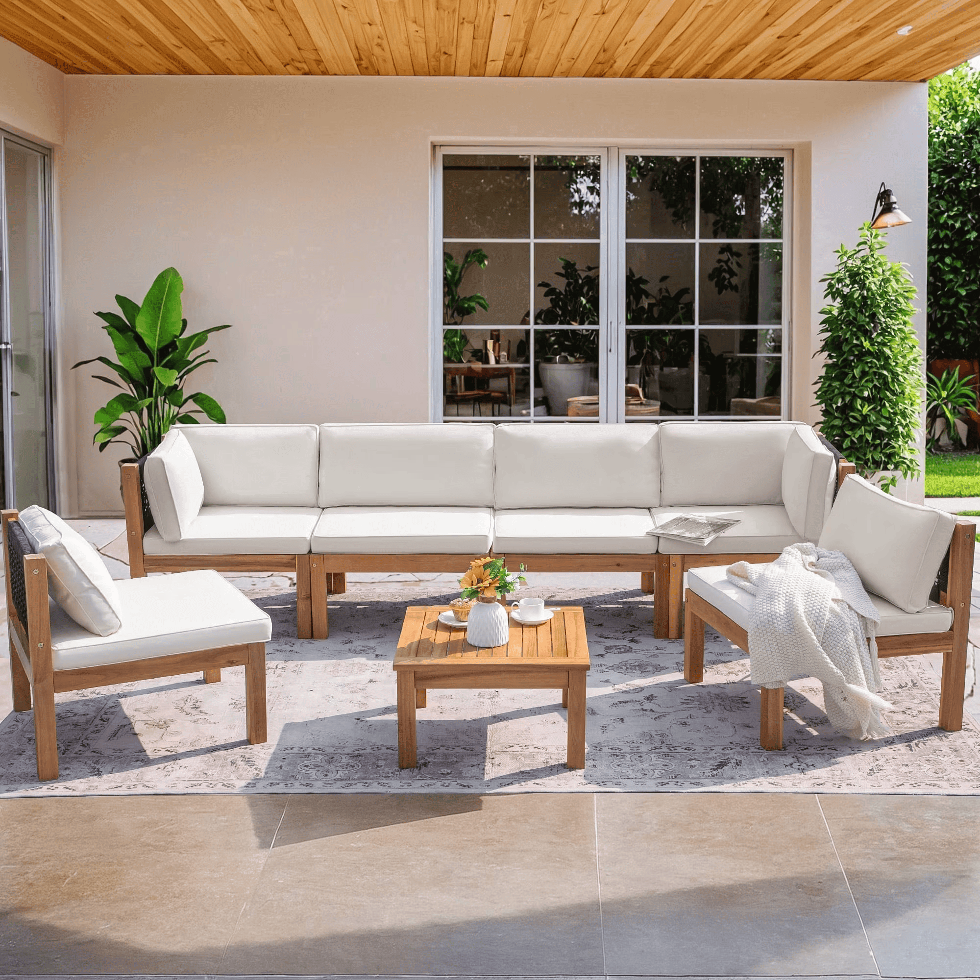 Homall 7-Piece Acacia Wood Patio Set, Natural White Outdoor