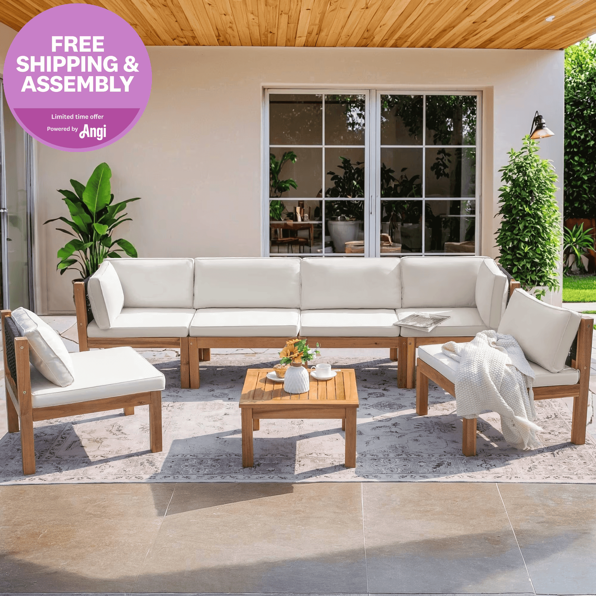 Homall 7-Piece Acacia Wood Patio Set, Natural White Outdoor