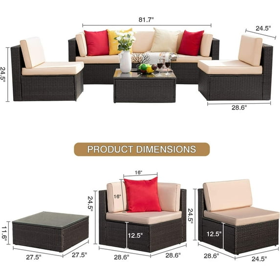 Homall 7 Pieces Patio Rattan Furniture Set Outdoor Sectional Sofa Wicker Conversation Sets with Cushions and Glass Table