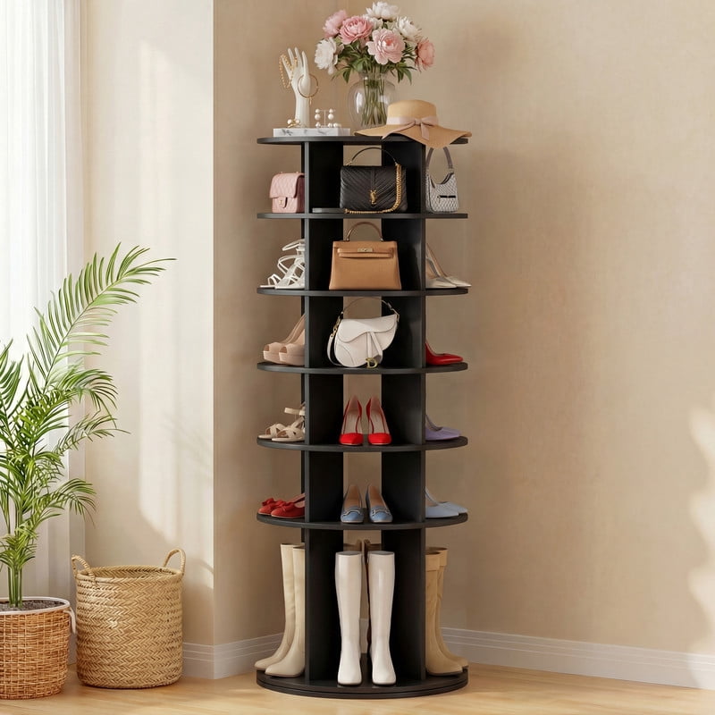 Homall 7-Tier 360° Rotating Shoe Rack, 23.6" Dia, 64.5" H, Holds 35 Pairs, Tall Boots & Handbag Storage