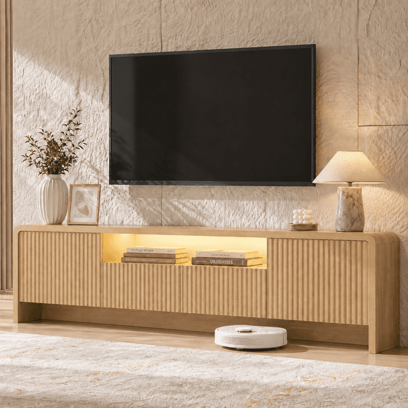 Homall 70'' Fluted TV Stand for TVs Up to 75''with RGB LED Lights & Charging Station, Modern Entertainment Center with Storage Drawers and Cabinets, Large TV Console for Living Room, Oak
