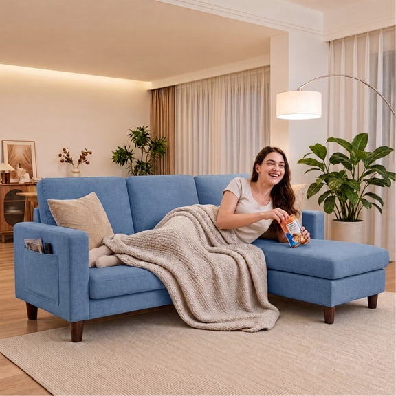 Homall 72" L-Shaped Modular Sectional Sofa 3 Seat Cloud Sofa Couch with Moveable Ottoman for Living Room,Blue