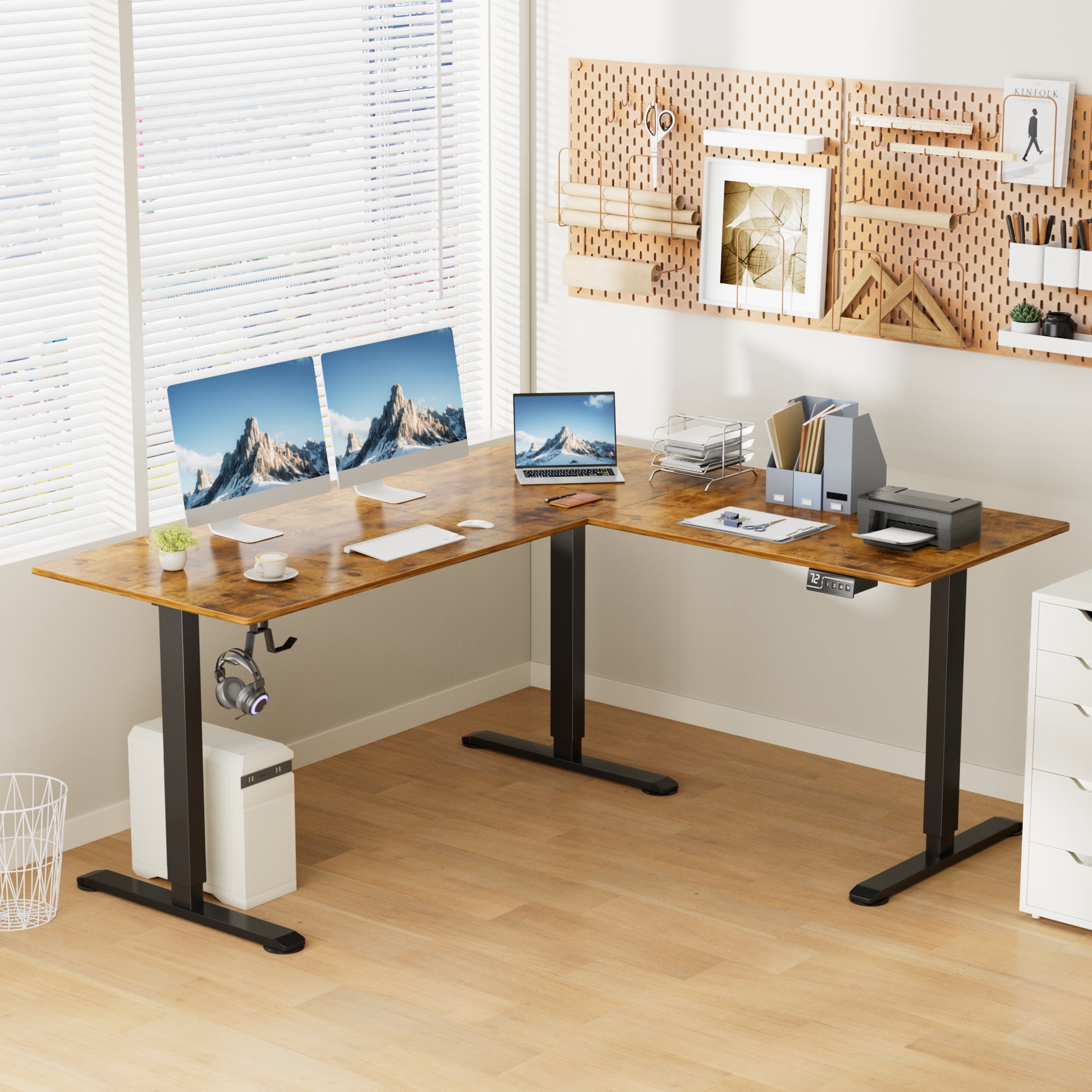 Homall 63in Wide L-shaped Electric Sit-Stand Desk Lifting Range 28~46in Height Gear Memory Ergonomics Standing Desk Height Adjustable Computer Desk, Brown