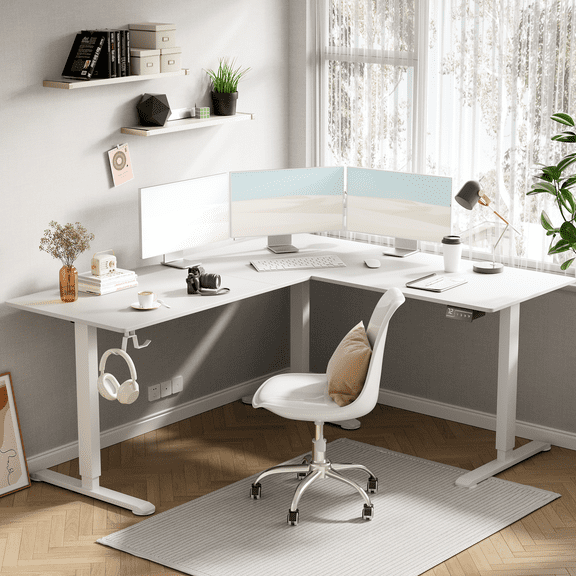 Homall 63in Wide L-shaped Electric Sit-Stand Desk Lifting Range 28~46in Height Gear Memory Ergonomics Standing Desk Height Adjustable Computer Desk, White