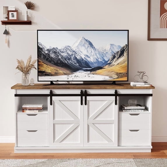 Homall 58'' Farmhouse TV Stand for Living Room, Entertainment Center with Sliding Barn Doors & 4 Storage Drawers, Adjustable Shelves Rustic Media Console for Bedroom,White