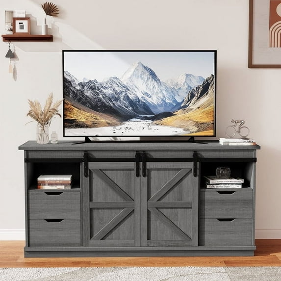 Homall 75 inch Farmhouse TV Stand for Living Room, Entertainment Center with Sliding Barn Doors & 4 Storage Drawers, Adjustable Shelves Rustic Media Console for Bedroom,Gray