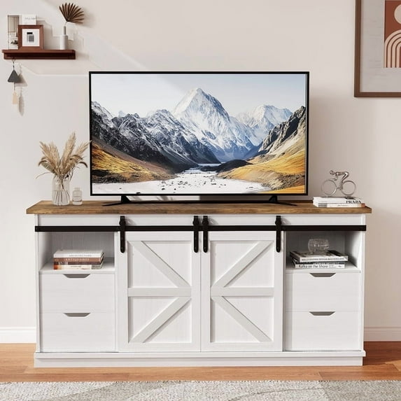 Homall 75 inch Farmhouse TV Stand for Living Room, Entertainment Center with Sliding Barn Doors & 4 Storage Drawers, Adjustable Shelves Rustic Media Console for Bedroom,White