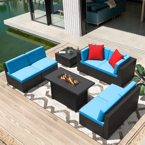 Homall 8 Pieces Rattan Patio Furniture Conversation Set with 43" Gas Propane 50000 BTU Fire Pit Table Outdoor Sectional Sofa for Backyard,Blue