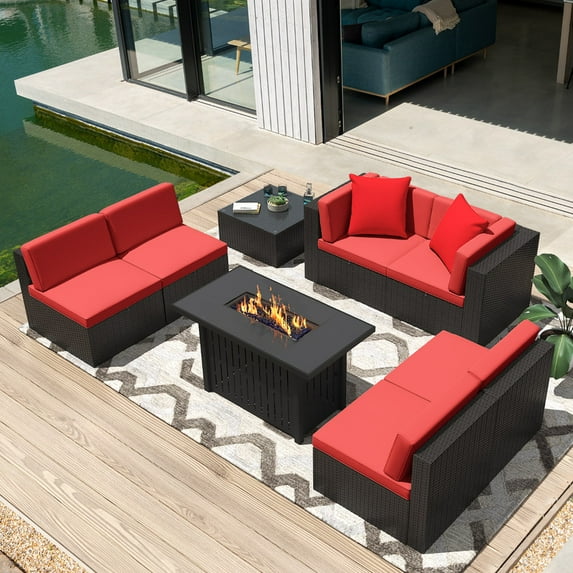 Homall 8 Pieces Rattan Patio Furniture Conversation Set with 43" Gas Propane 50000 BTU Fire Pit Table Outdoor Sectional Sofa for Backyard,Red