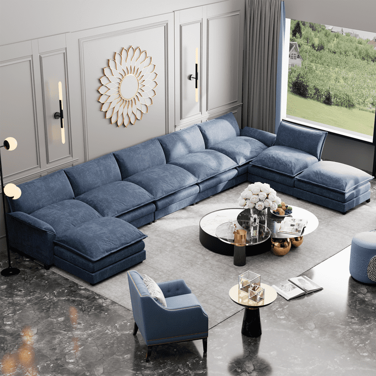 Homall U Shaped Sectional Sofa with Ottomans 8 Seats Convertible Oversized Soft Seat Chenille Fabric Blue Walmart