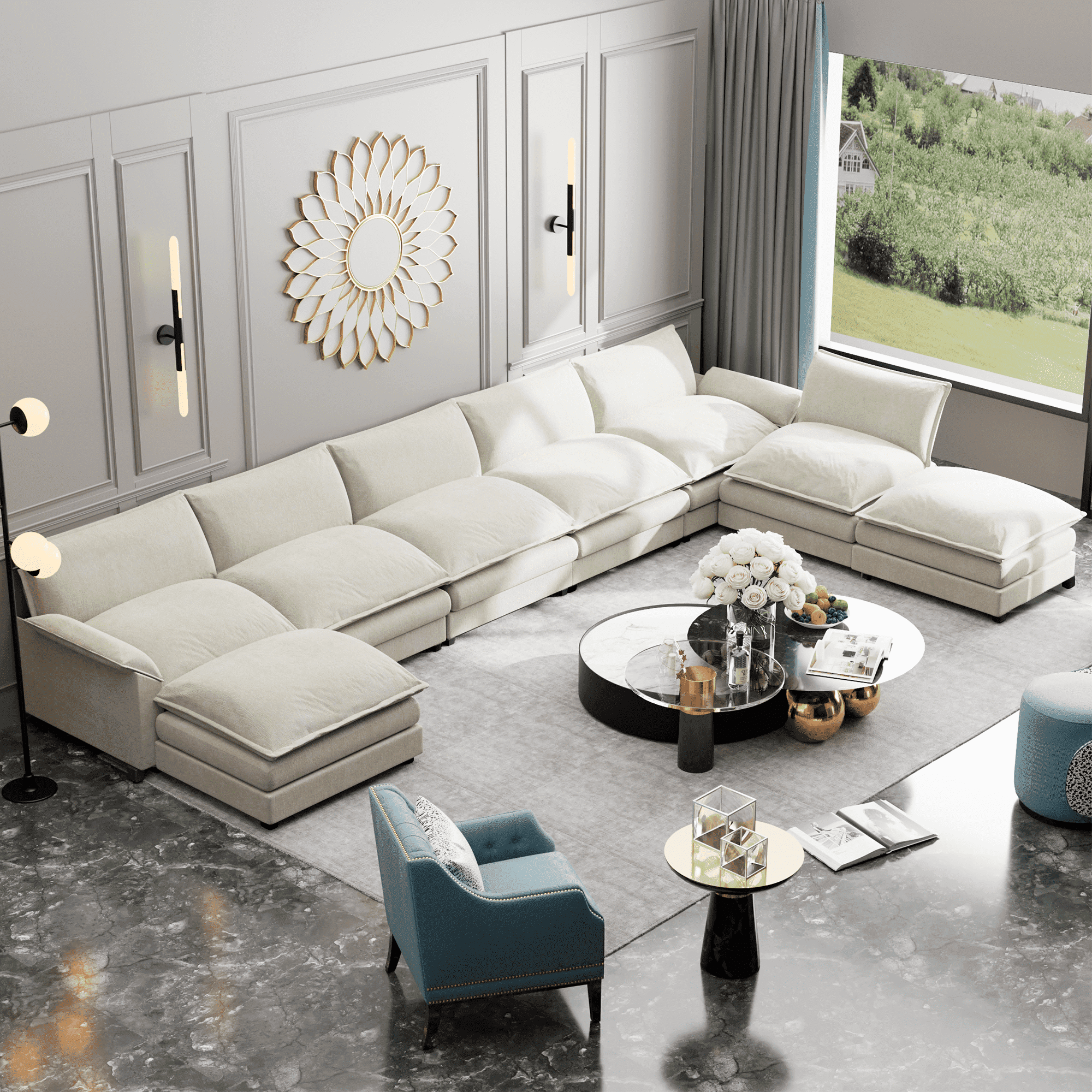 Homall Chenille U Shaped Sectional Sofa with Ottomans White