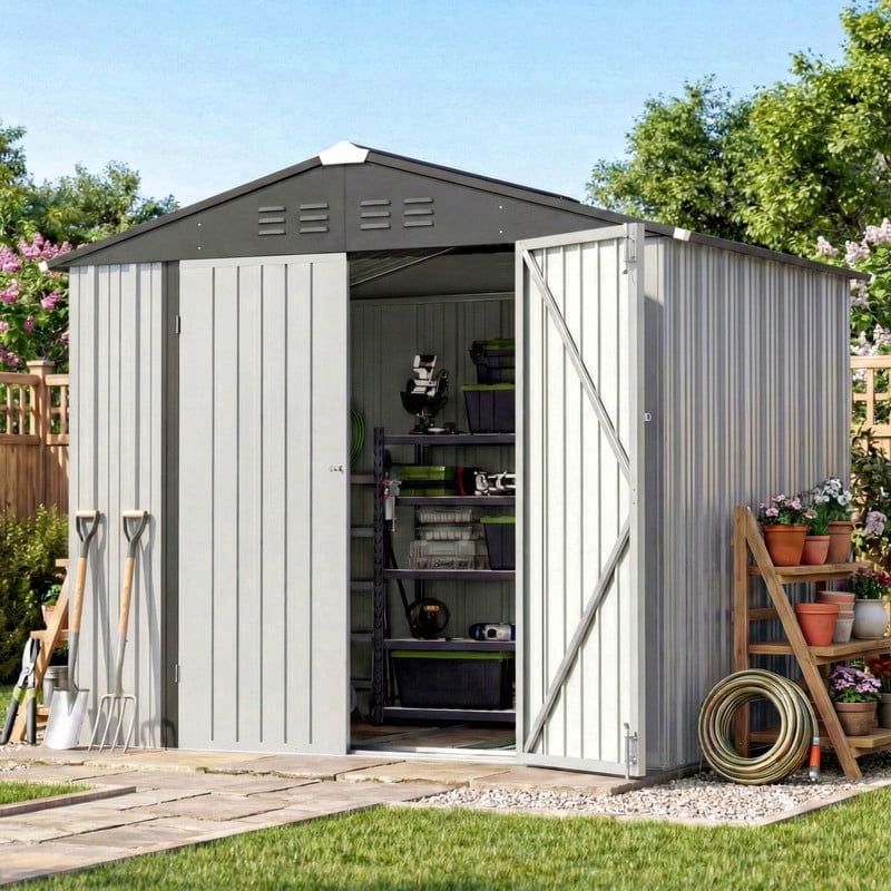 Homall 8 x 6 ft Outdoor Storage Shed, Durable Patio Metal Storage Shed with Floor Frame & Lockable Doors for Garden Backyard Lawn, White