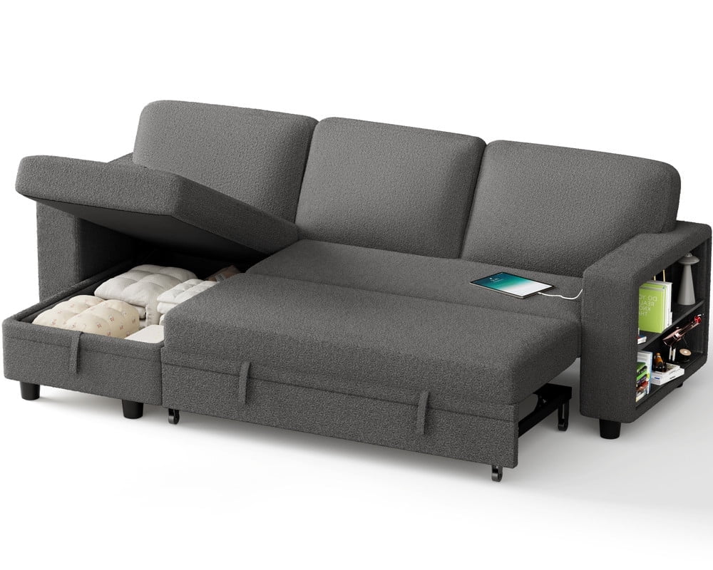 Homall 80" Sleeper Sofa Couch with Pull Out Bed Sectional Sofa with Storable Armrest Shelf and USB Charge Port for Living Room,Gray