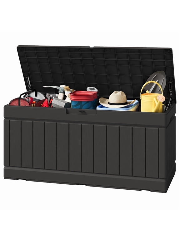 82 Gallon Outdoor Storage in Resin Deck Box 45.66in Width Lockable Deck Box, Black