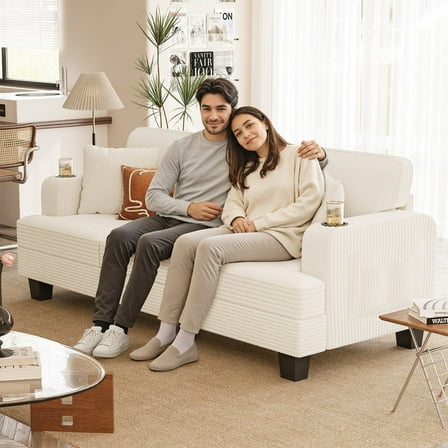 Homall 84" Corduroy Couch 3 Seater Sofa with Extra Deep Seats,Modern Loveseat Sofa with 2 Pillows,Cup holder for Apartment Living Room,Beige