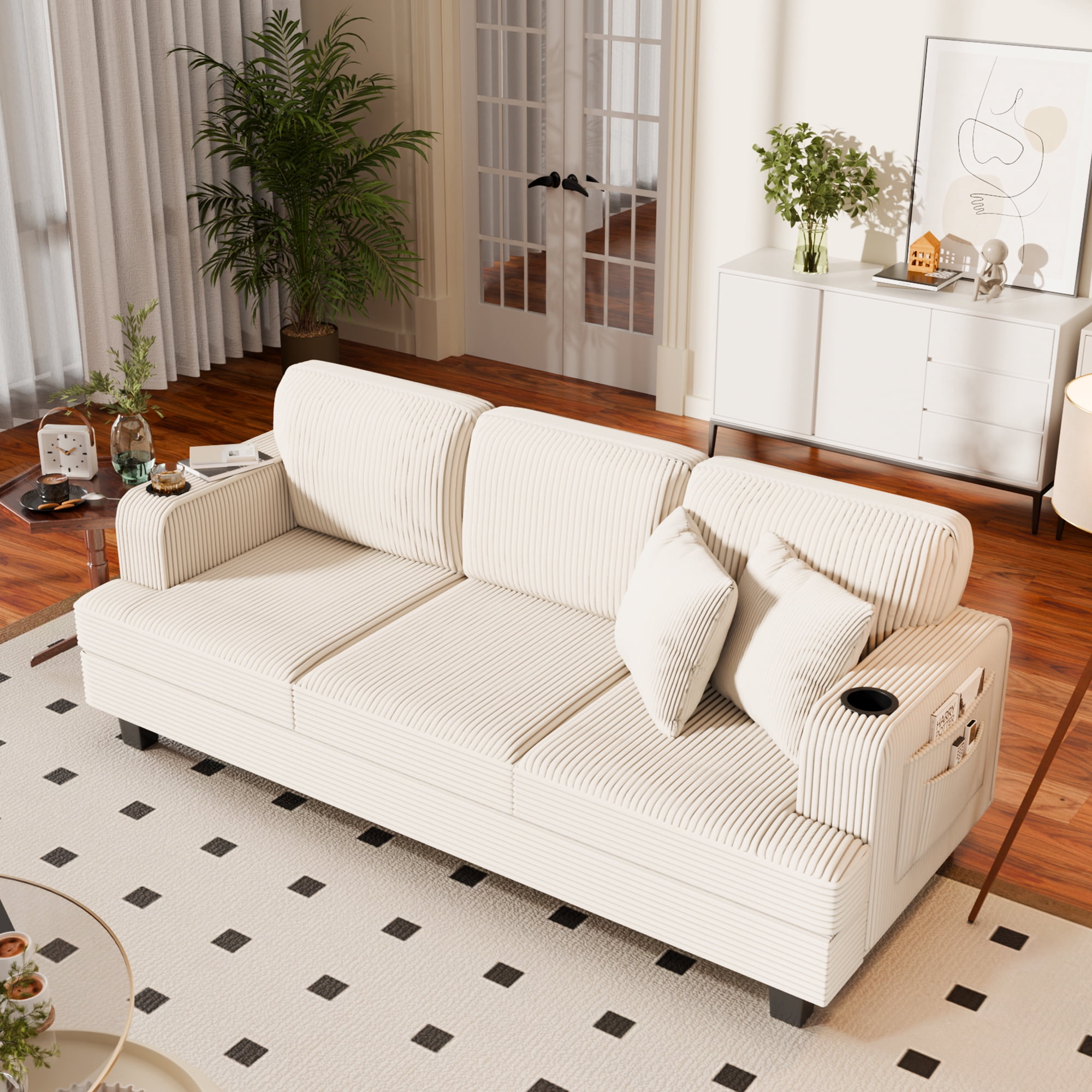 Homall 84''W Modern Sofa 3 Seat Adult Corduroy Couch with Wide Armrest Fabric Couch with USB Charging Ports for Living Room, Beige